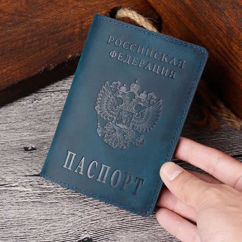 Натуральная кожа Россия Обложка для паспорта натуральная кожа Выгравированные обложки для паспорта полная зернистая кожа паспорт подарок для Него - Цвет: Синий