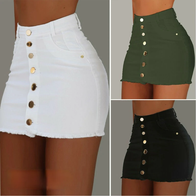 

Brand New Women Stretch High Waist Solid Skirt Summer Button Denim Solid Short Mini Jeans Denim Pencil Skirts