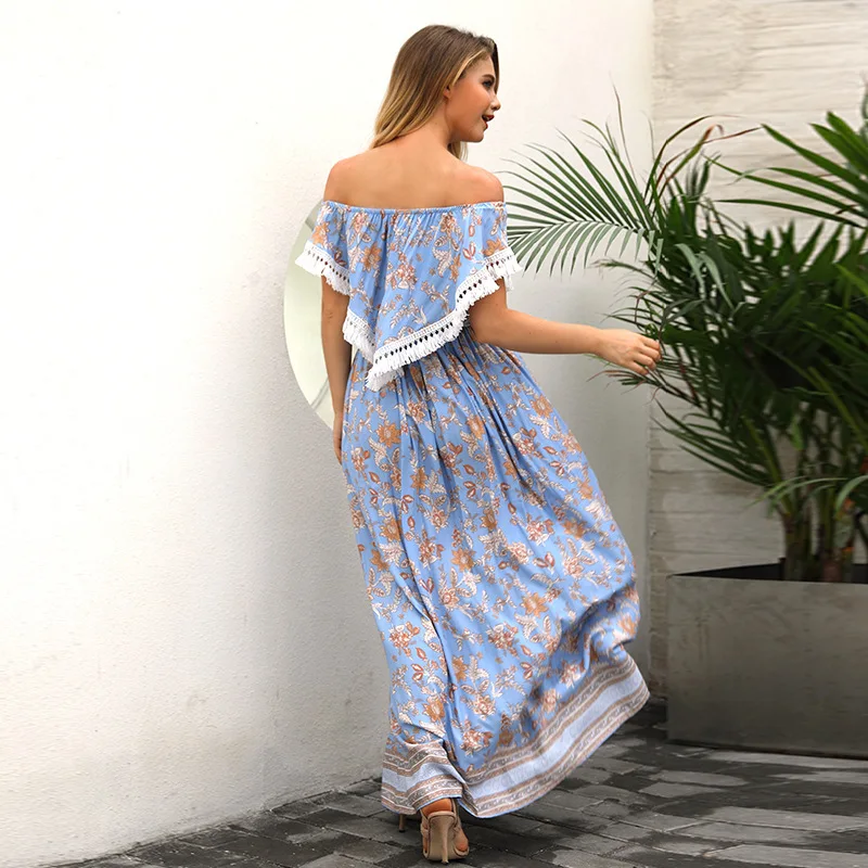 Женское длинное платье в богемном стиле свободное пляжное с оборками вырезом