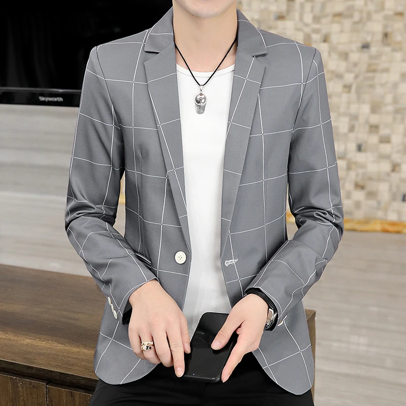 

Высококачественный мужской повседневный костюм, Новинка осени 2021, приталенный костюм в британском стиле, серая клетчатая куртка, модная тр...