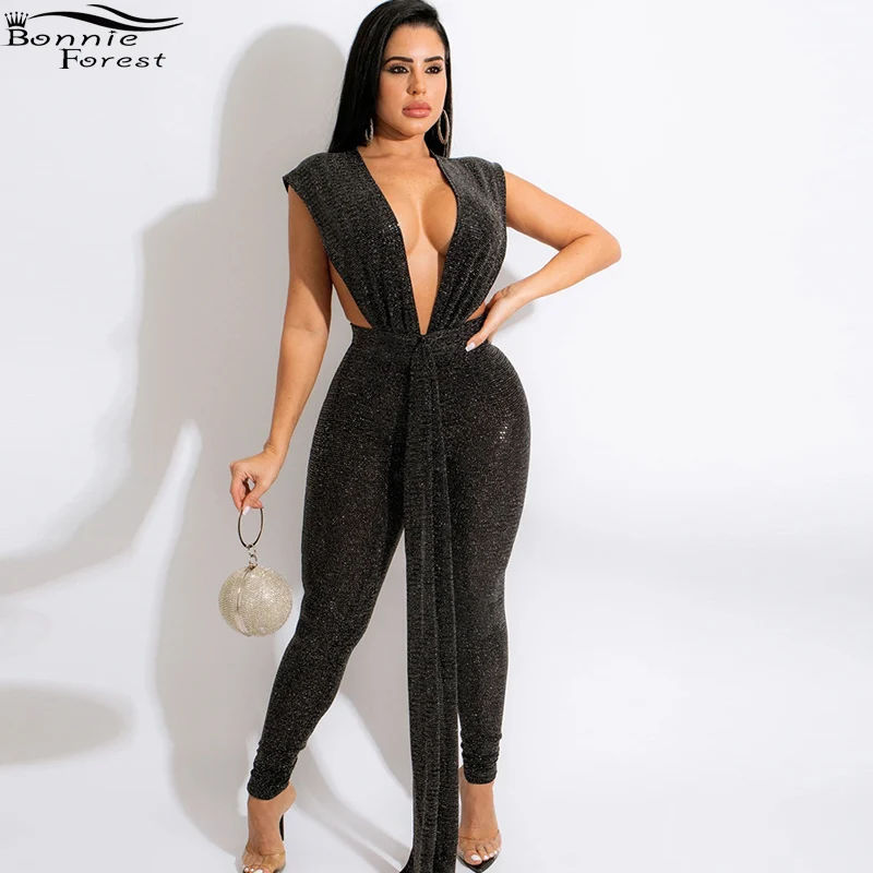 

Bonnie Forest Shiny Long Straps Sequins Jumpsuits Party Overalls Womens Glam Deep V Neck Metallic Skinny Jumpsuits Sexy Clubwear