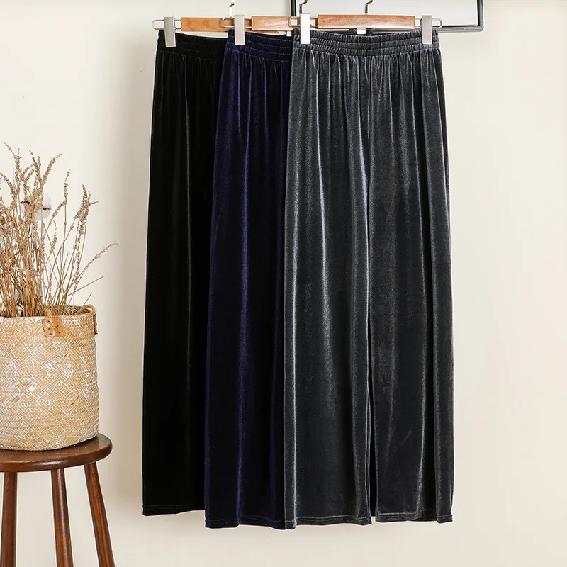 

Casual Women Pants Velvet Pants Autumn Long Straight Wide Soft Leg Trousers Elastic Waist High Quality Female Streetwear Pants