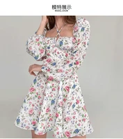 autumn explosion style square collar wrap chest bubble sleeve floral a word skirt dress female