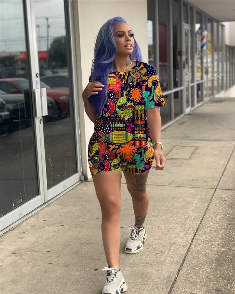 

Two Piece Tracksuits Colorful Print 2 Piece Matching Sets Summer Clothes For Women O Neck Short Sleeve T Shirt And Biker Shorts