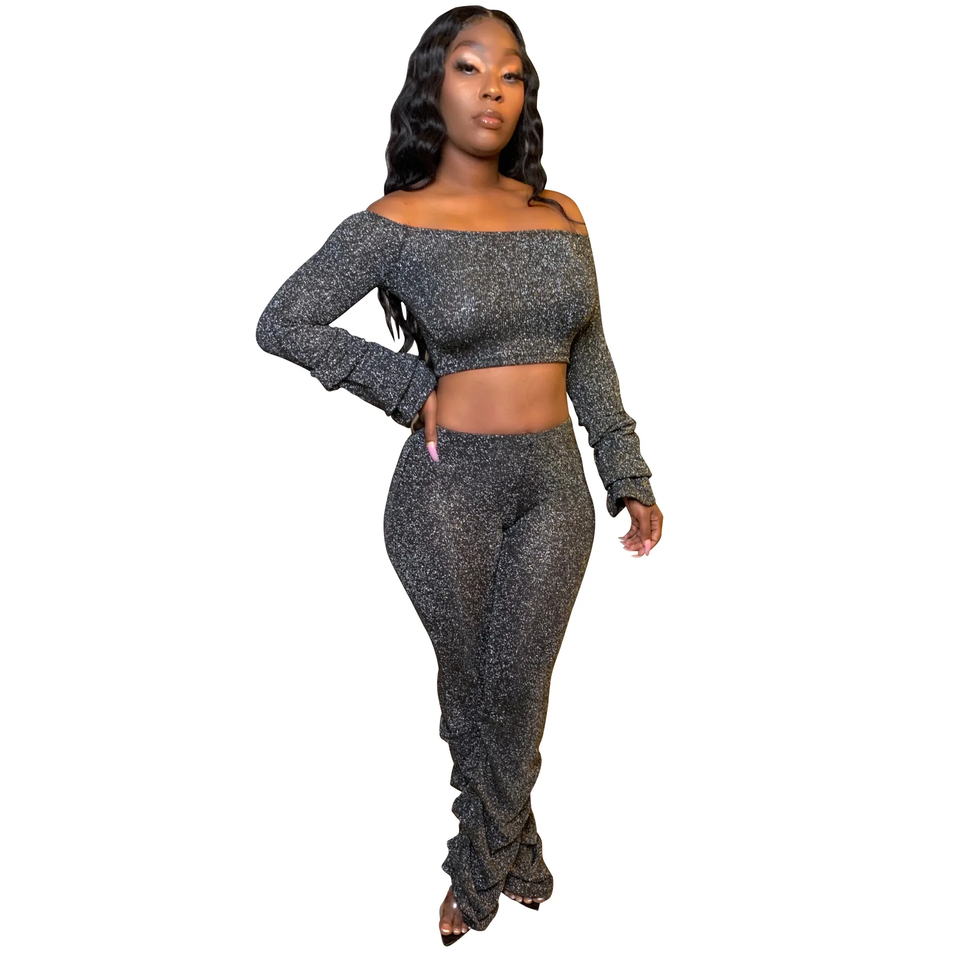 ANJAMANOR мода 2020 с рюшами открытыми плечами комплект из двух предметов топ и штаны 2