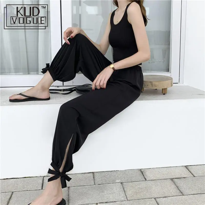 Весенние и летние широкие брюки свободные с бантом женские модные высокой