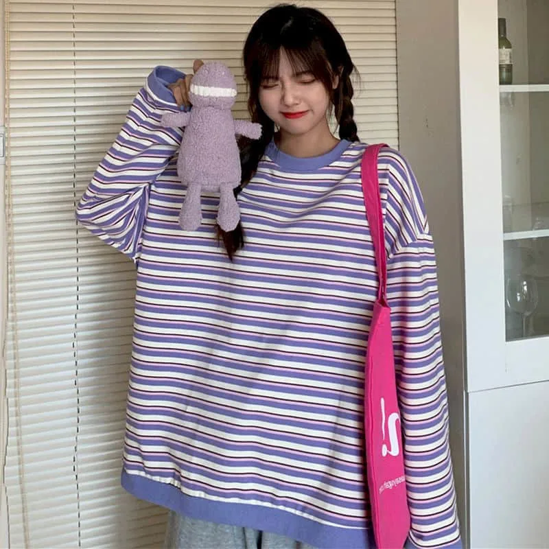 

Women clothes striped thin sweatshirt large size Korean style loose shirt young 200 kg female autumn fat sister covering belly