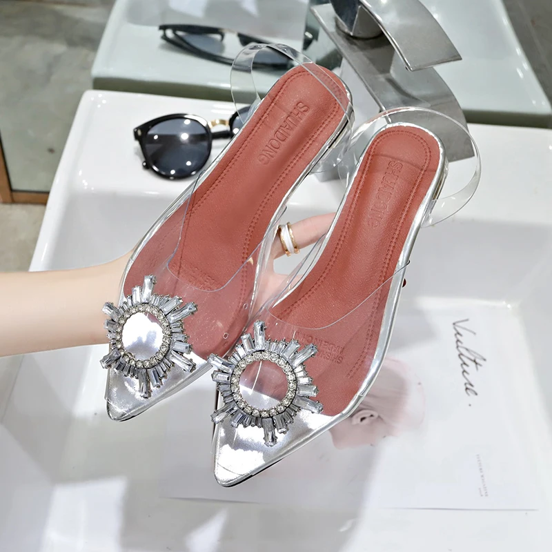 

Large Size 41 42 Fashion Clear PVC Transparent Low Heels Sandals Women Shoes Rhinestone Sunflower Sandals Summer Shoes