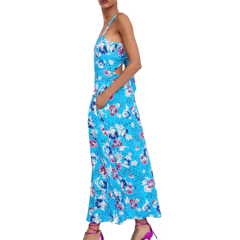 ZA Новое весеннее женское синее Цветочное платье с тонкими бретельками до