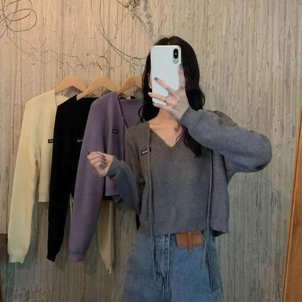 

Spring Autumn Women Korean Style V Neck Long Sleeve Short Knitwear Bandage Loose Pullover Blouse Tops New