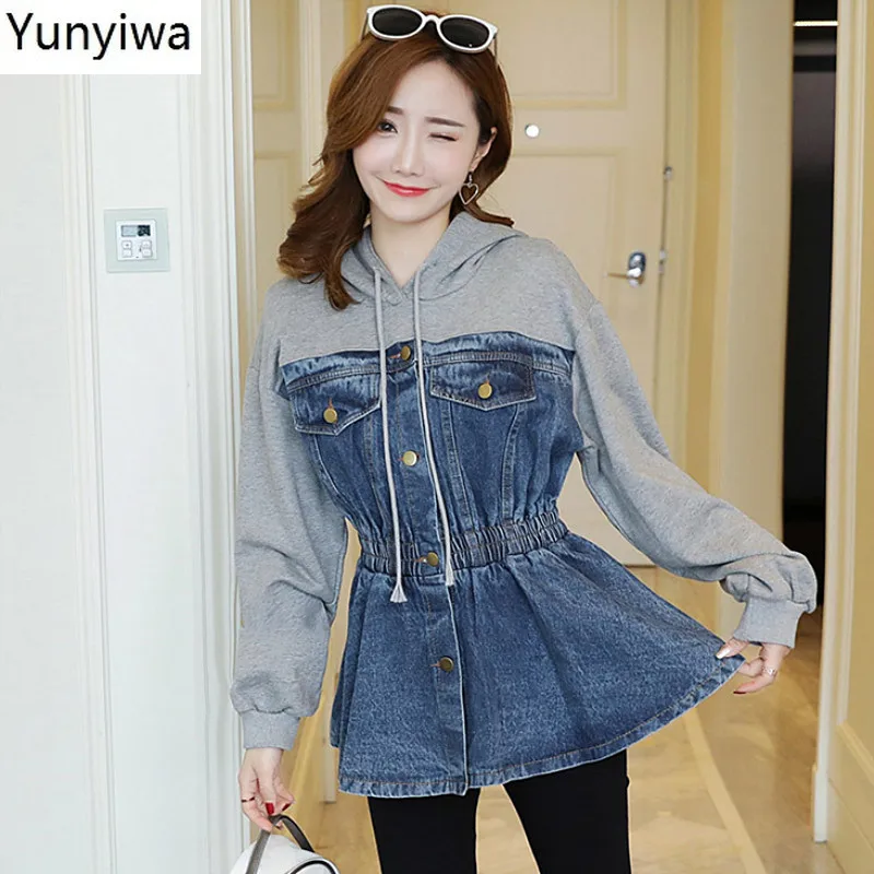 

Hooded Denim Patchwork Women Fashion Hoodies 2020 Plus Size Spring Auttum Elastic Waist Hoody Pocket Modis Pullover 69856