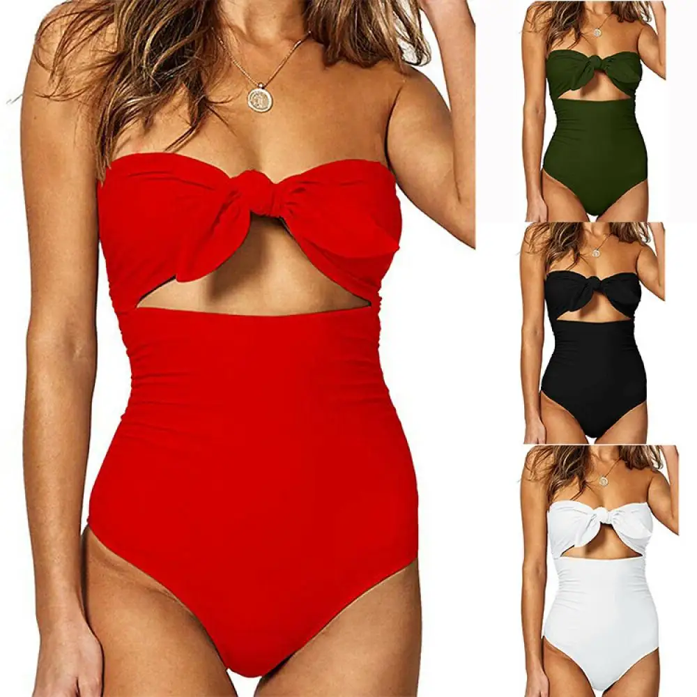 

2021 Fashion European and American One-Piece Swimsuit Women Solid Color Multicolor Bikini Bow Hot-Selling Swimwear