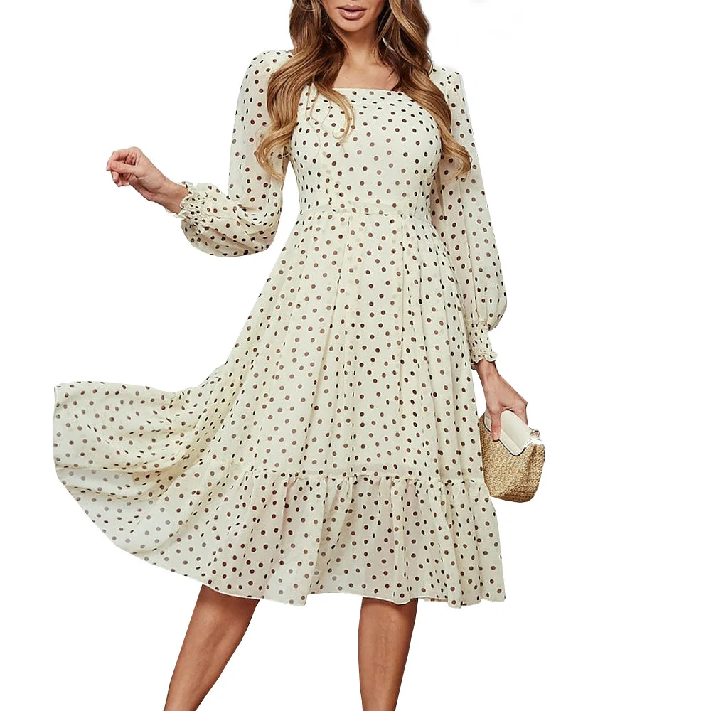

French Style Polka Dot Plus Size Dress Vintage Empire Mid-calf Ladies Frocks for Women Casual Ruffles Long Sleeve Dress Vestidos