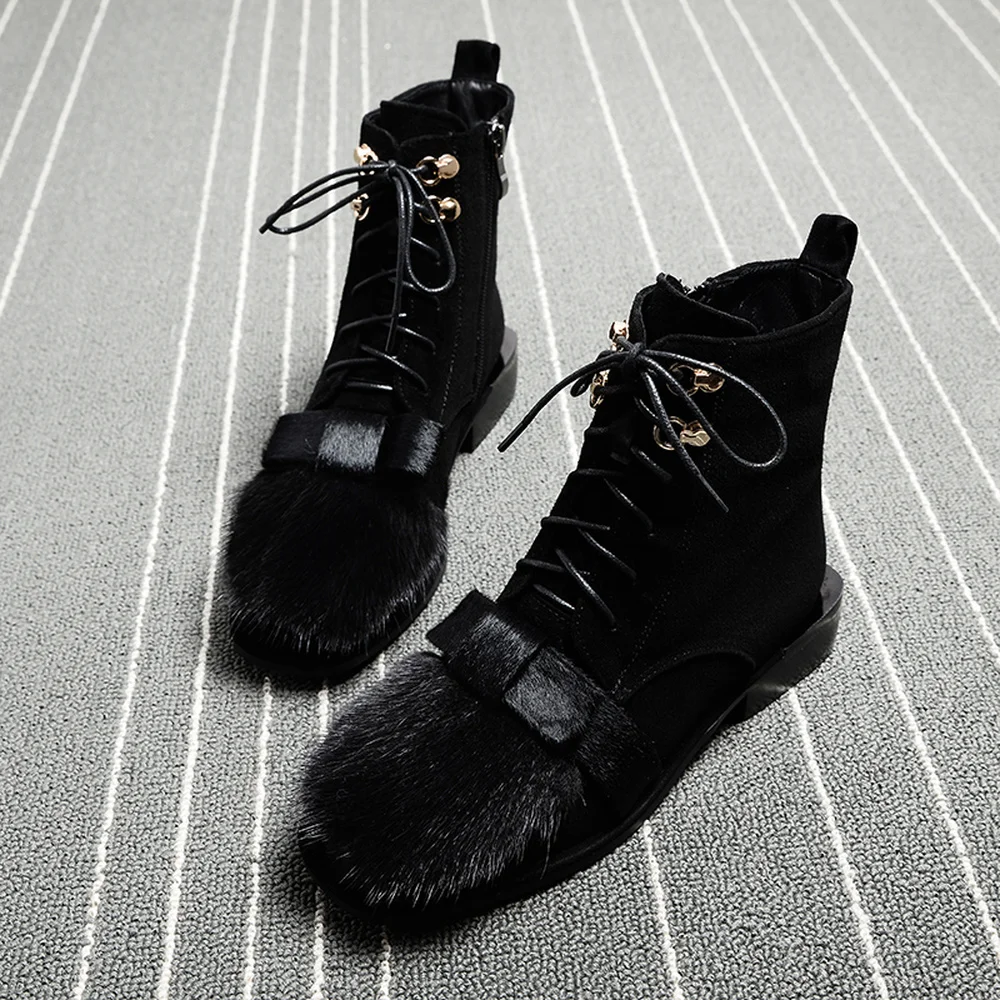 

Женские ботильоны с квадратным носком OLOMLB из натурального меха норки с бантом, замшевые кожаные ботинки на низком каблуке, теплая зимняя че...