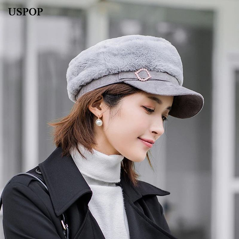 USPOP 2019 Women newsboy caps thick warm winter diamond buckle military patchwork velvet flat top visor |