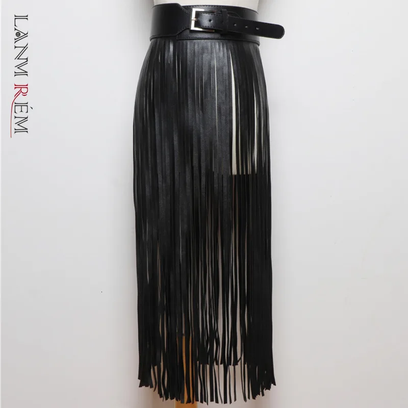 Женская юбка с бахромой LANMREM черная широким поясом платье декоративной отделкой