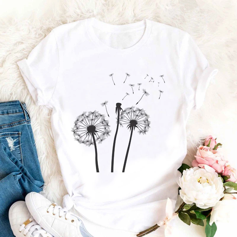 

Summer Down Wildflower Dandelion Print Vogue Women T-shirt Simple Casual Fun T Shirt Gift For Lady Yong Girl Tops Tee Ladies Hot