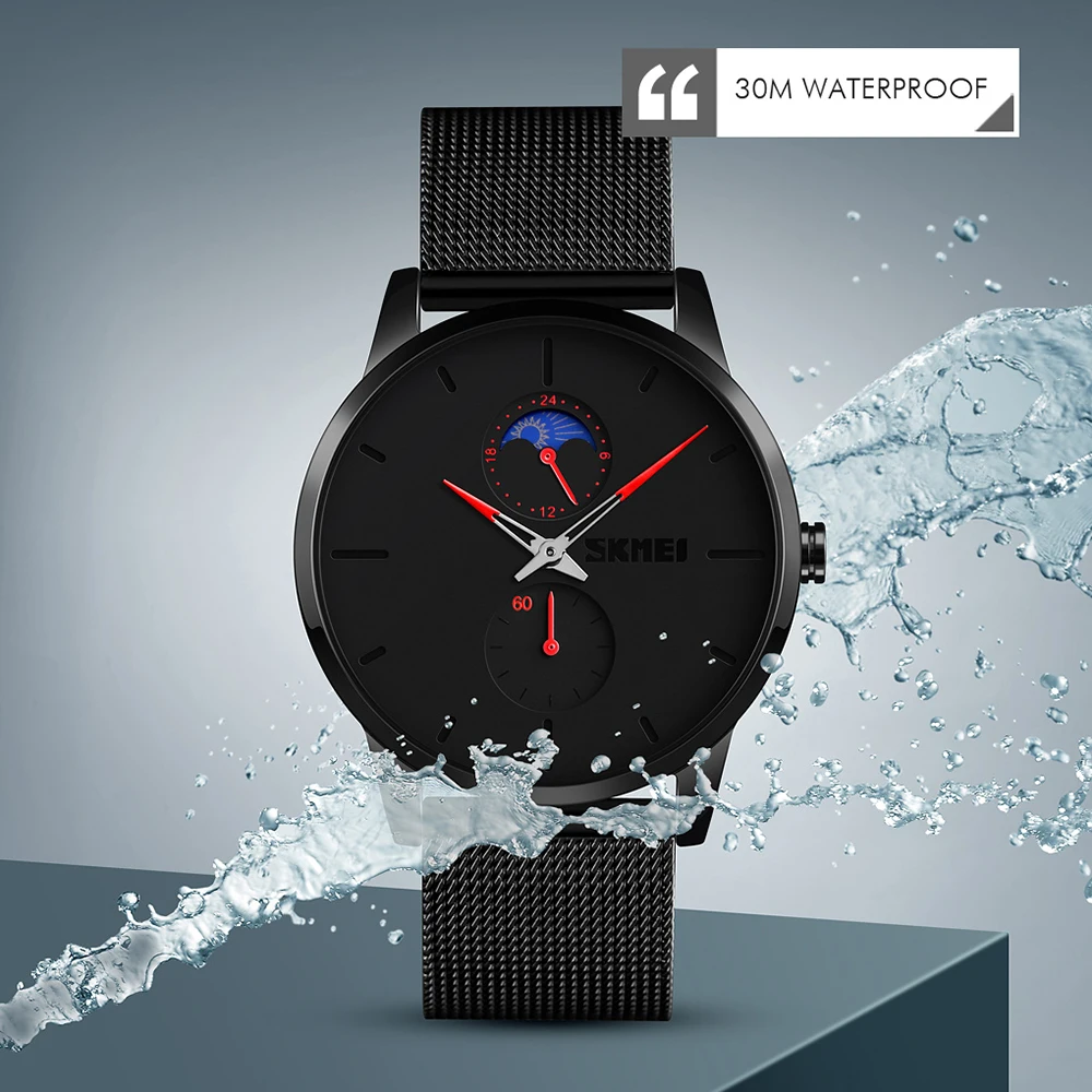 

2021 SKMEI Fashion Watches Men Classic Black Ultra Thin Stainless Steel Mesh Belt Quartz Wrist Watch relogio masculino