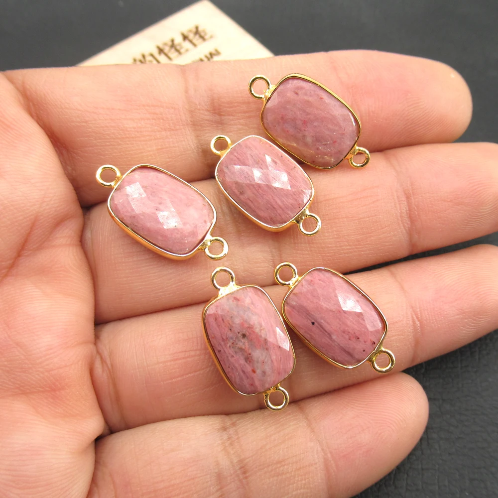 APDGG Wholesale 5PCS Natural Rhodonite Faceted Rectangle Double Bail 24kt Bezel Connector Necklace Pendant Jewelry DIY