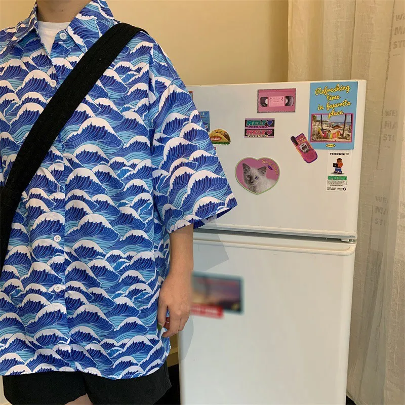 

Unisex Blue Waves Printed Blouse Women Short Sleeve Loose Beach Style Turn-down Collar Streetwear Shirts Tops