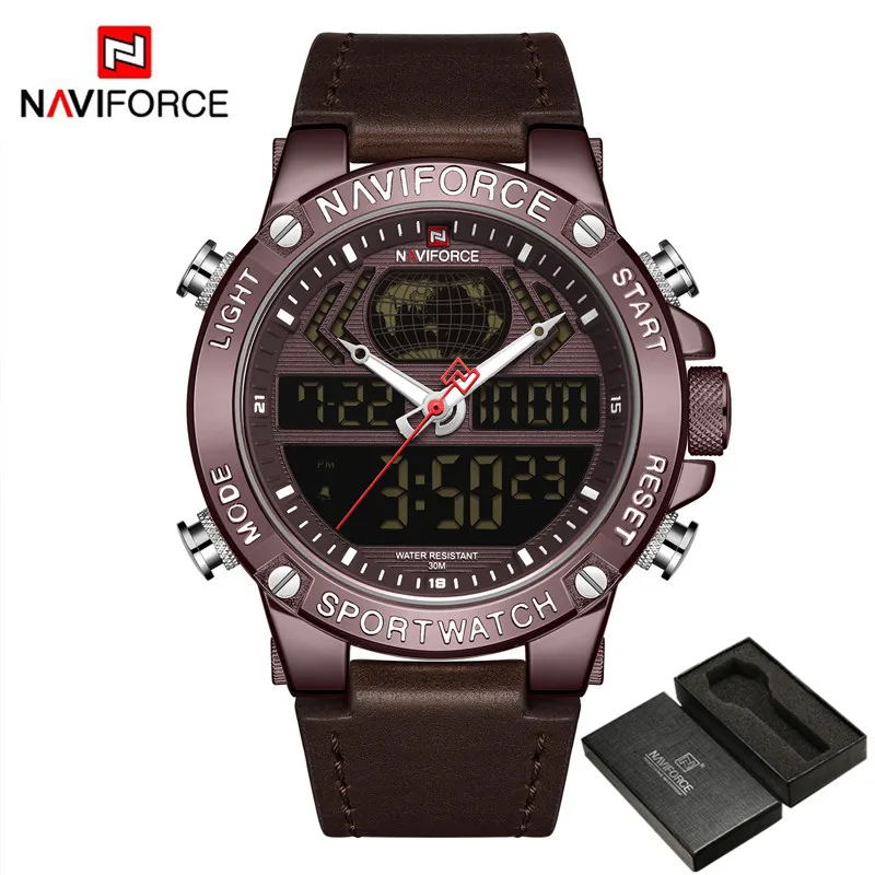 NA916403 with box NAVIFORCE мужские часы цифровые спортивные Топ брендовые роскошные мужские наручные часы военные из натуральной кожи светодиодный кварцевые деловые мужские часы 9164 - Цвет: NA916403 with box