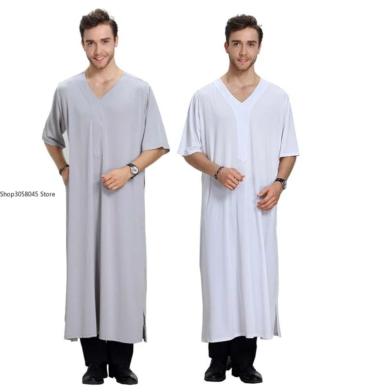 Muslim Clothing Men Short Sleeve V-Neck Robe White Gray Fashion Islamic Thobe Kaftan Jubba