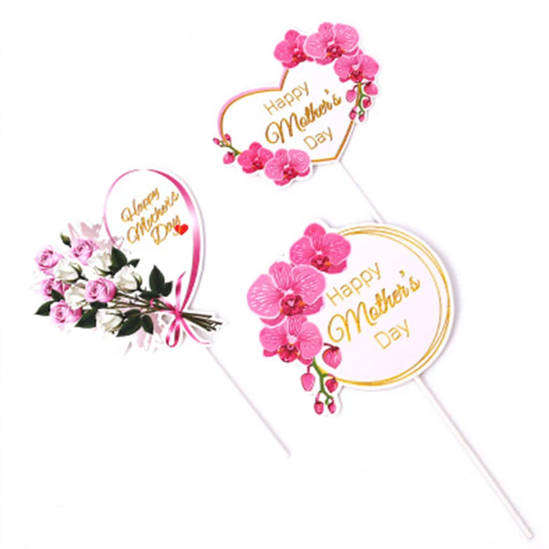 

1/5pcs Cake Topper Happy Mother's Day Cake Card Pink Heart Flower Decoration for Mother's Day Gift Cupcake Dessert Supplies