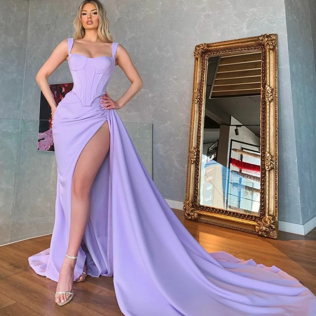 

2021 Lavender Side Split Evening Dresses Corset Top Spaghetti Straps Formal Prom Gowns High Quality Party Dress