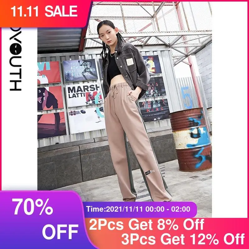 

Toyouth Women Trousers 2021 Autumn Elastic High Waist Stragiht Leg Streetwear Letters Print Contrast Color Chic Casual