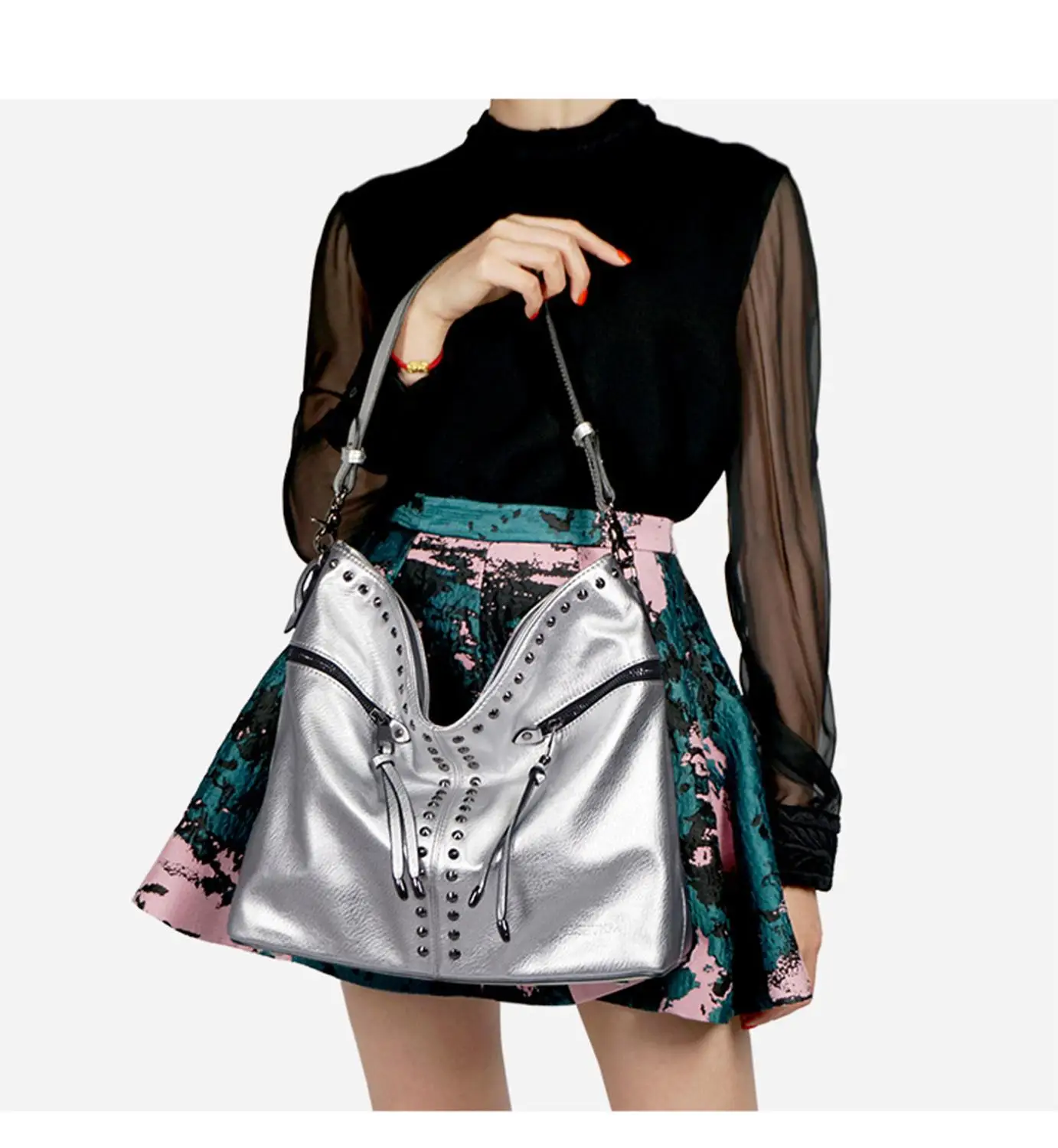 Серебристая Большая вместительная сумочка модная сумка на плечо дамская из