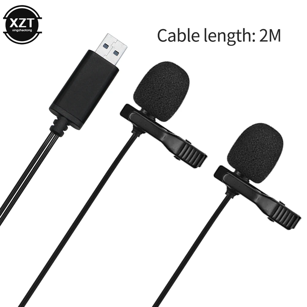 USB 2.0/3.5mm Dual heads Mics Microphone Clip-on Lavalier Lapel 3.5 mm 2 Mic for Phone Windows 10 7 8 Computer 2m | Электроника