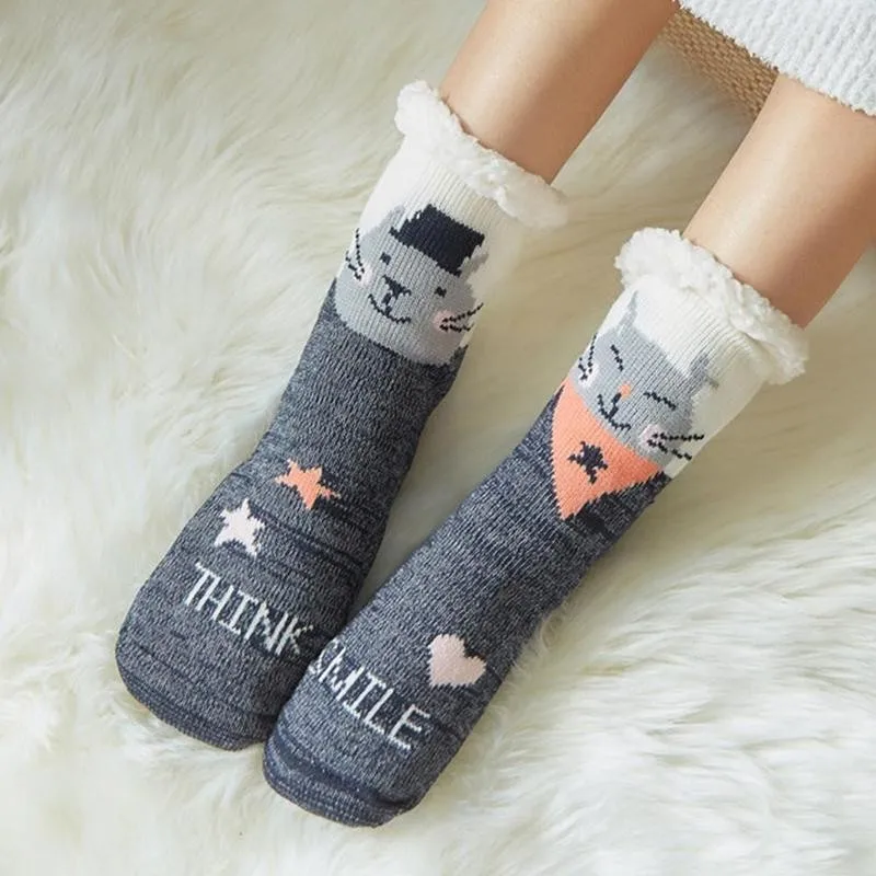 

Christmas Women Socks Winter Warm Thick Cotton Wool Socks For Women Cute Cartoon Print Elk Santa Claus Snowman Girls Floor Socks