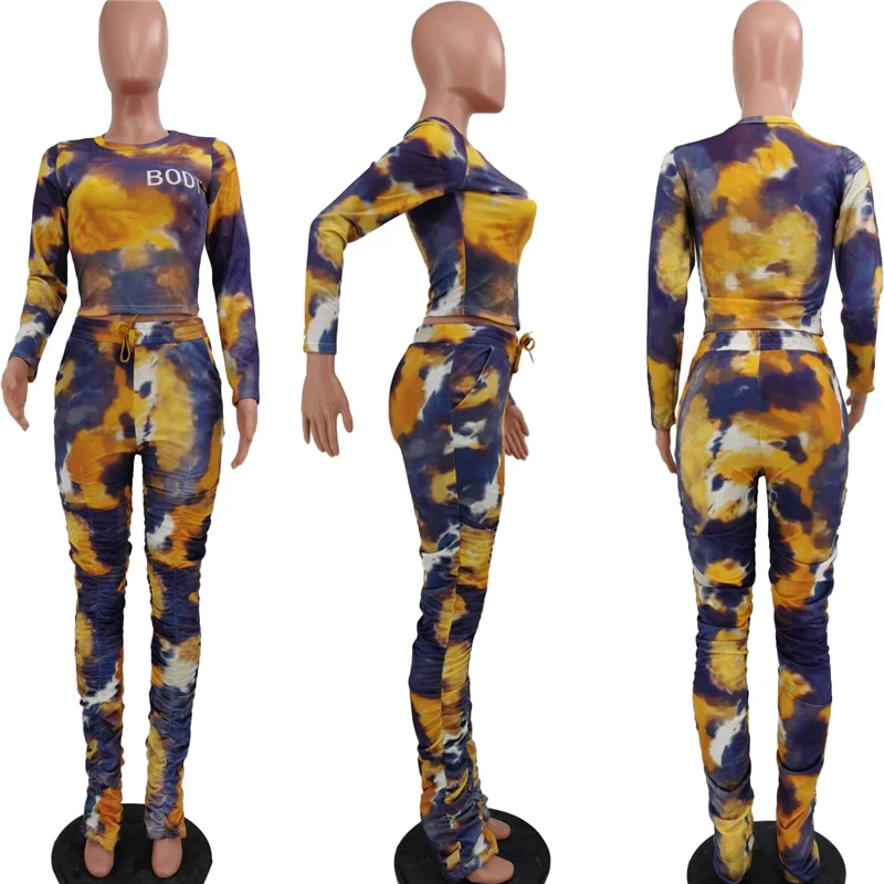 

Cutubly Long Sleeve Women'S Set Body Letter Print Two Piece Set Crop Top Stacked Pants Set Suits Female Outfits Tracksuit
