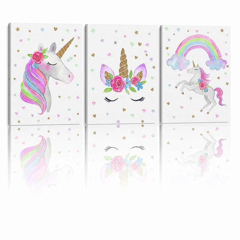 

Wood Framed Ready To Hang Canvas Wall Art Girl's Room Super Cute Watercolor Unicorn Prints for Nursery Girl Bedroom Decor 3 Pcs