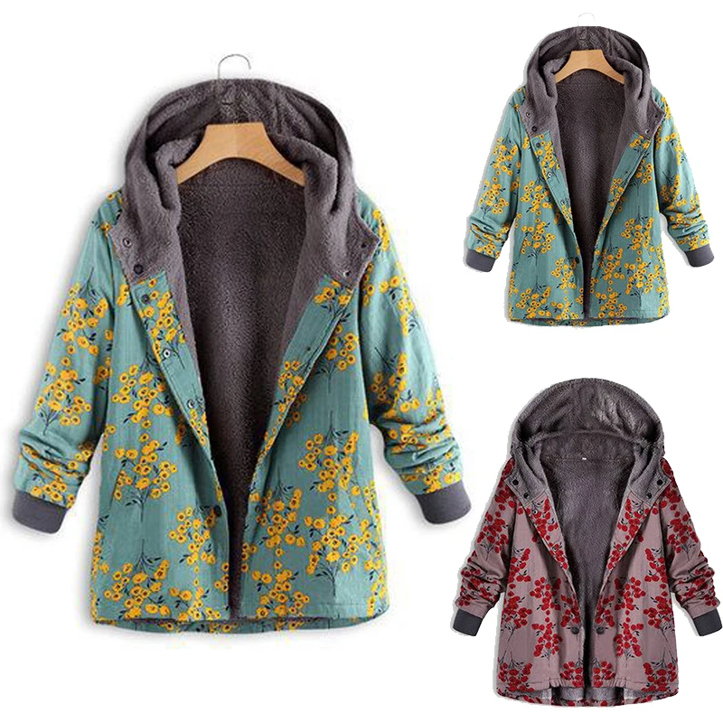 

Winter Warn Coat Hooded Buttons Floral Printed Ladies Outwear Outdoor Button Down Sweater Long Sleeve