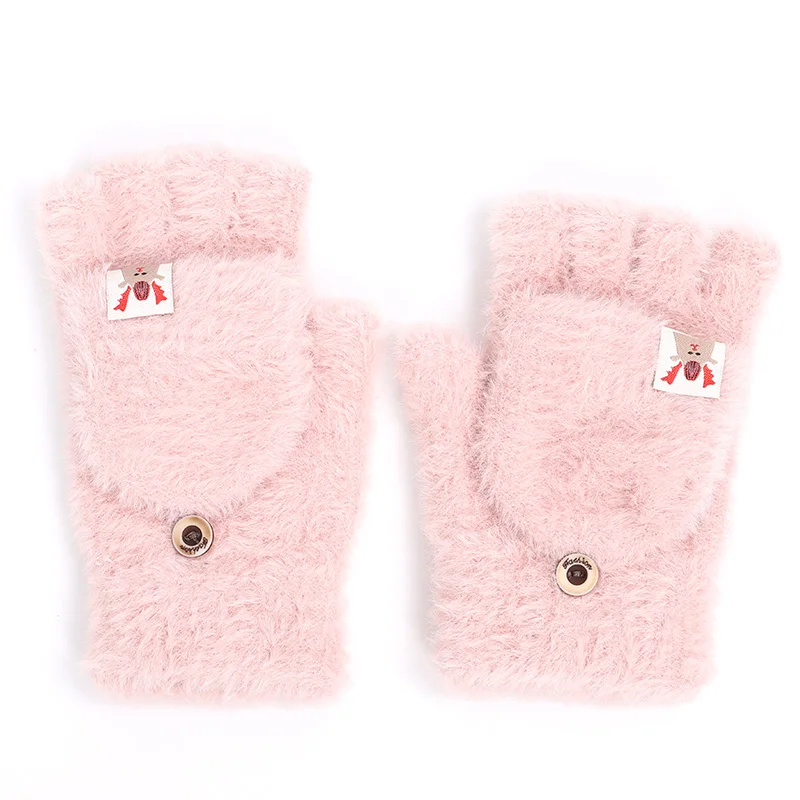 Light pink Грелки для рук с морским конским волосом, новые перчатки с кнопками, перчатки с открытыми пальцами, милые вязаные варежки - Цвет: Light pink