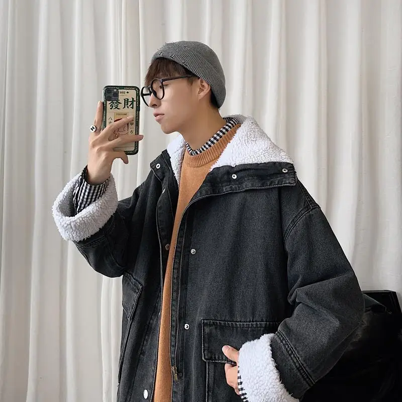 Зимнее пальто из ягненка Мужская трендовая куртка с бархатной подкладкой хлопка