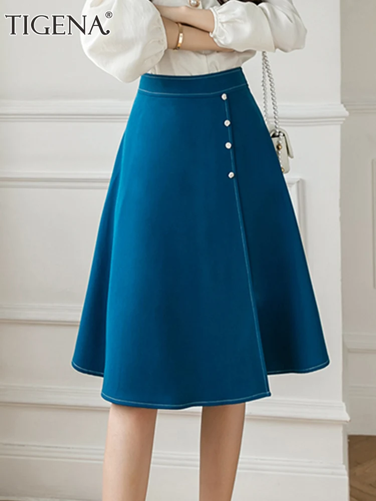 

Женская юбка миди на пуговицах TIGENA, однотонная офисная трапециевидная юбка до колен с высокой талией и подкладкой в Корейском стиле, 2021
