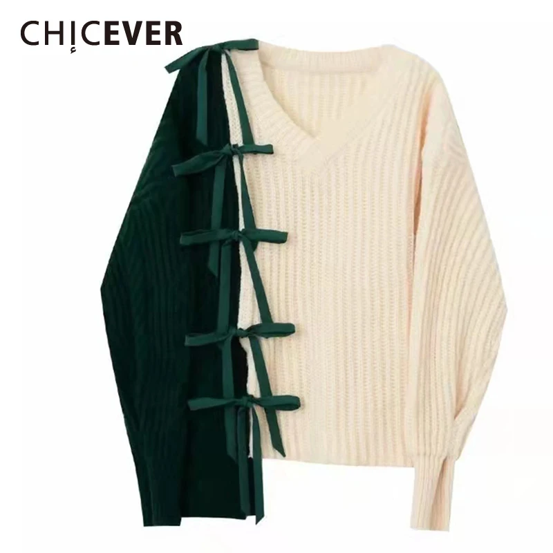 

CHICEVER Straight Sweater For Women V Neck Long Sleeve Patchwork Colorblock Knitting Pullover Female Korean Fashion Clothing New