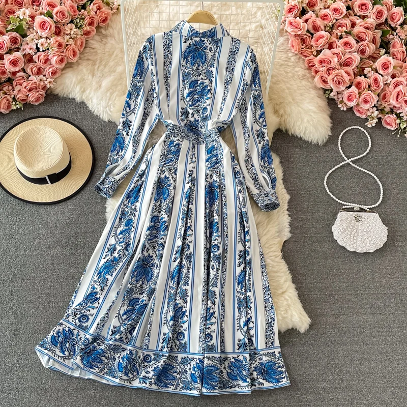 

FMFSSOM 2021 Summer Floral Print Puff Sleeve Maxi Dress Bohemian Women A Line Polo Full Single Breasted Chiffon Elegant Robe