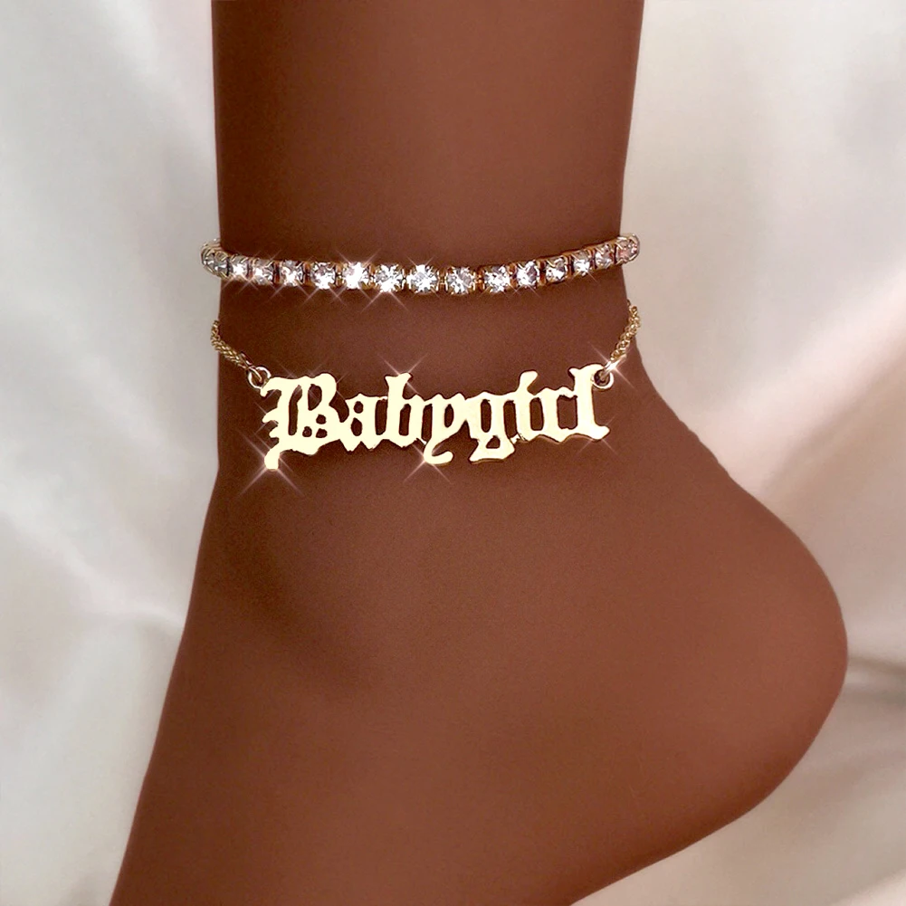 

Flatfoosie 2Pcs/set Hip Hop Babygirl Letter Metal Anklets for Women Bling Rhinestone Foot Chain On Leg Ankle Bracelet Jewelry