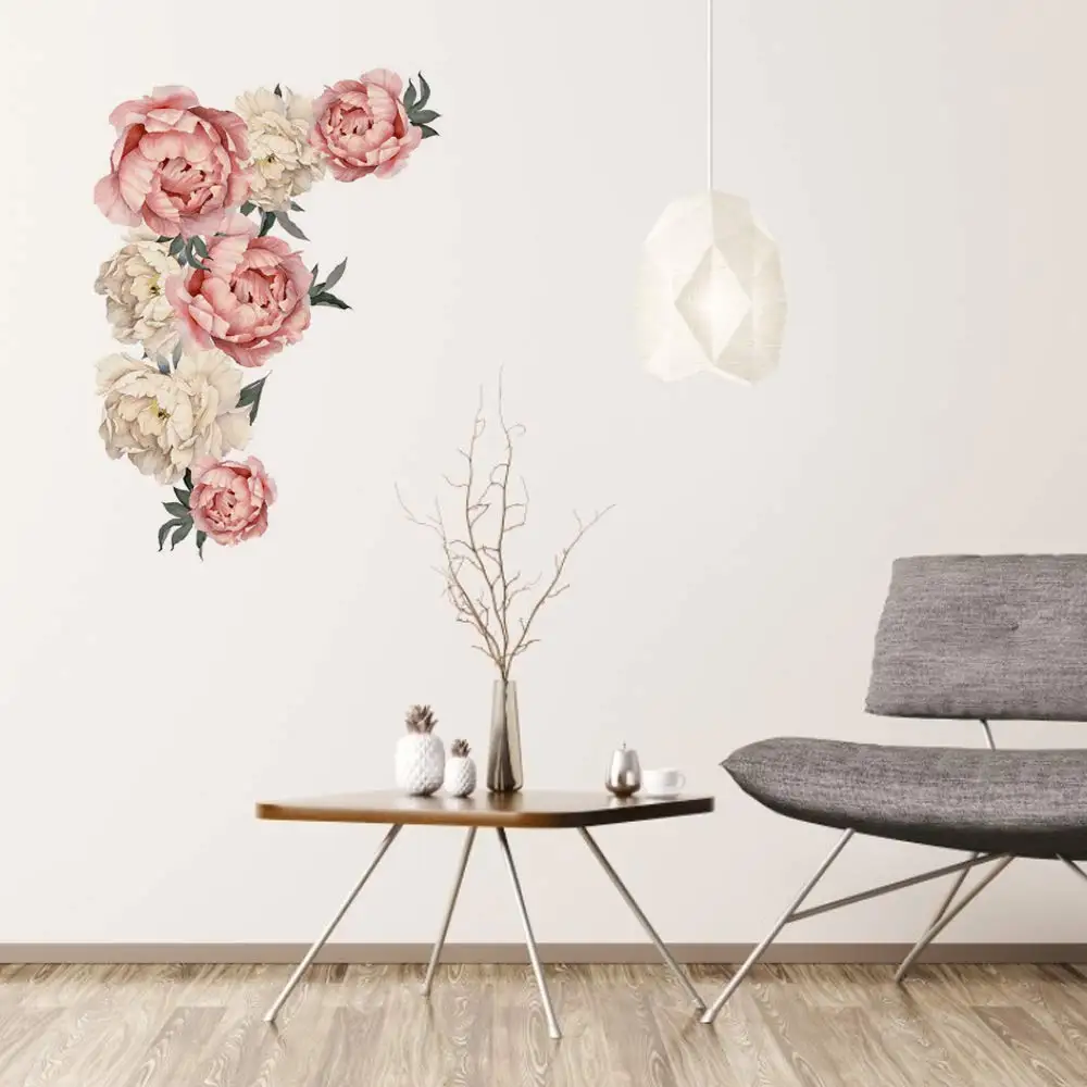 Flower Wall Sticker PVC Romantic Pink Peony Rose Decal Floral for Sofa Background Living Room Bedroom Nursery Decor | Дом и сад
