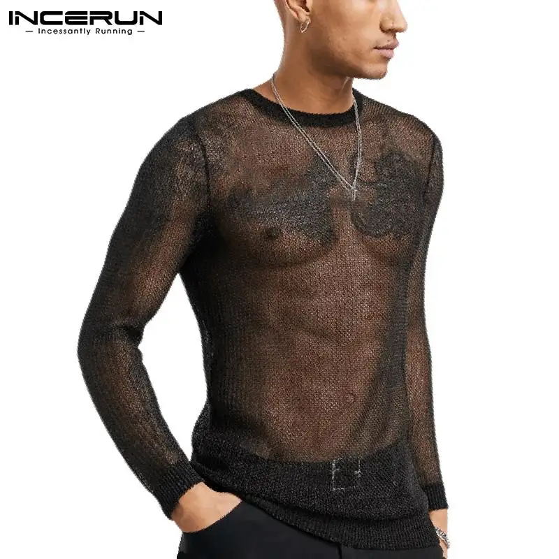 

Мужская Просвечивающая футболка с круглым вырезом, однотонная уличная одежда с длинным рукавом, сексуальные рубашки 2021, повседневные тонки...