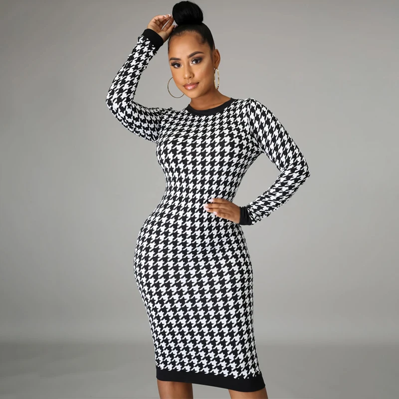 

NEW Spring Print Plaid Women Long Sleeve Midi Dress Hollow Out Sexy Streetwear 2021 Autumn Spring Club Elegant Bodycon Vestidos