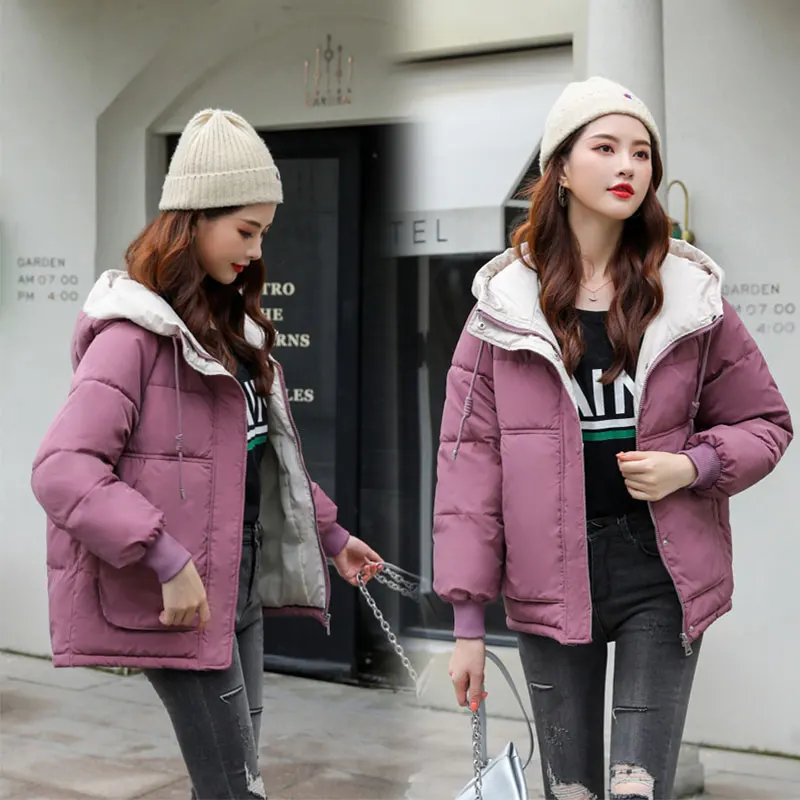 

Student Short Hooded Winter Jacket BIO Down Coat Female Oversize Jacket Cotton Padded Wadded Parkas Big Pocket