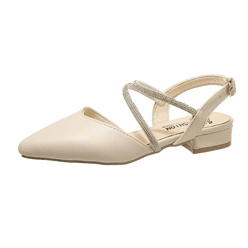 

Fashion Womens Shoes 2021 Block Heels Rhinestone Sandals All-Match Shallow Mouth Med Suit Female Beige Luxury Chunky Closed Low
