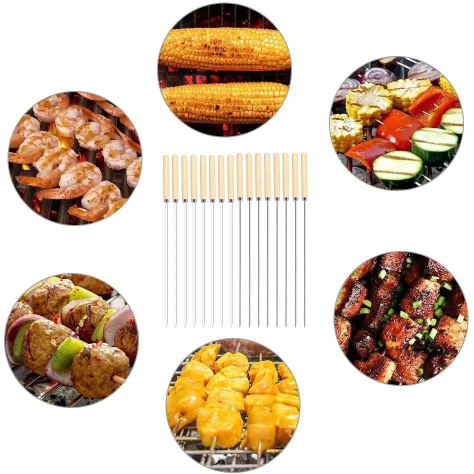 Kebab Skewers 20 Pcs Stainless Steel BBQ Reusable Flat Round Barbecue Grilling Wooden Handle Quick Meat String | Дом и сад