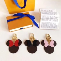 luxury brown spots square pattern leather keychain old flower mickey minnie circle buckle car keyring accessories high quality