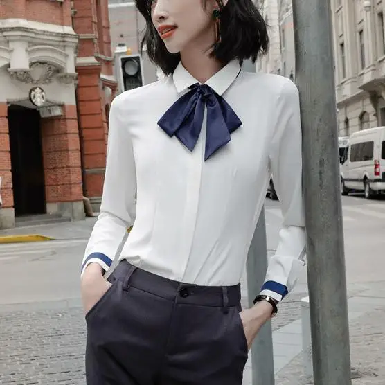 

Lauri Laki Patchwork Bow Tie White Blouse Women Plus Size Elegant Retro Chiffon Shirts Mujer Work Wear Autumn 2020 Women Tops
