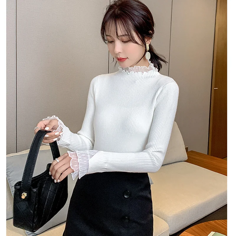 

Autumn Winter Women's Sweater Knitted Bottoming Shirt Long-sleeved Slimming Patchwork Lace Thin Long Sleeve Casual Pullovers Top